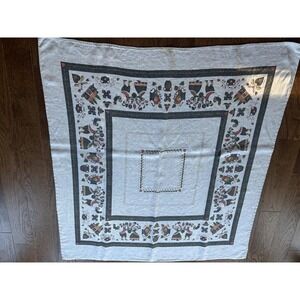 Linen Tablecloth Square 49" Pennsylvania‎ Dutch Folk Art Country Cottage Vintage